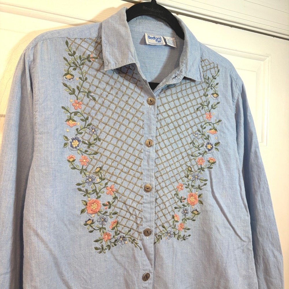 Bedford Fair Womens Light Denim Cotton Floral Embroidery Collar Shirt S Cottage
